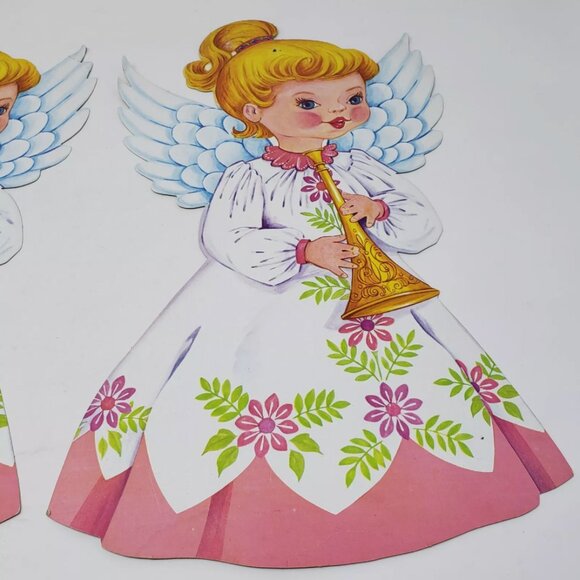 Vtg (2) Diecut Cardboard Angel USA Christmas Angelic Girl Plays Trumpet Horn - Picture 3 of 7